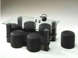 Table basse moderne BENT rectangulaire noir avec 6 poufs