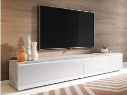Meuble tv-hifi DUBAI 2 portes battantes 180 cm béton/blanc brillant avec led