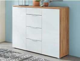 Commode TOLDO 2 portes 4 tiroirs chêne navarra/blanc brillant