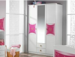 Armoire PIPA 3 portes et 2 tiroirs avec miroir blanc/rose