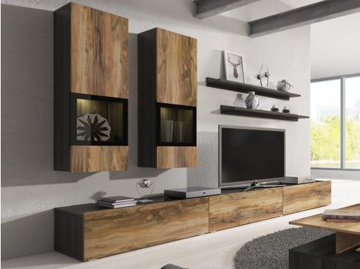 Mur tv-hifi BABEL 5 portes noyer/chêne grisé avec led