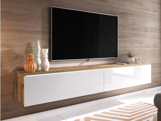 Meuble tv-hifi DUBAI 2 portes battantes 140 cm blanc laqué/chene wotan
