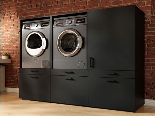 Meuble WASHING 2 machines côte à côte avec armoire 1 porte 2 tiroirs MEDIUM noir