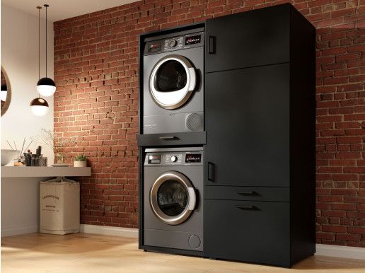 Meuble WASHING 2 machines superposées avec armoire 1 porte 2 tiroirs MEDIUM noir