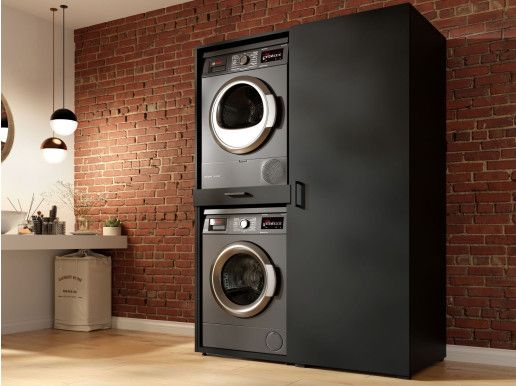 Meuble WASHING 2 machines superposées avec armoire 1 porte MEDIUM noir