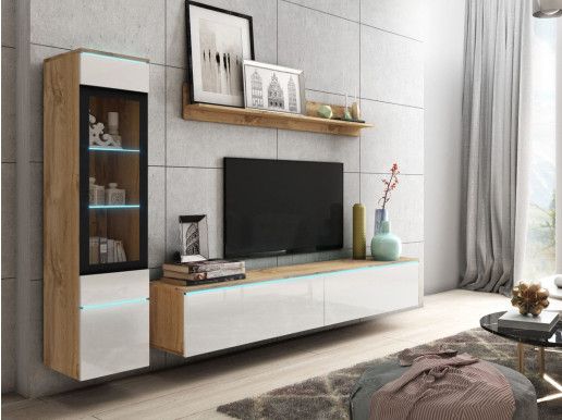Mur tv-hifi VITTORIO 4 portes chêne wotan/blanc brillant