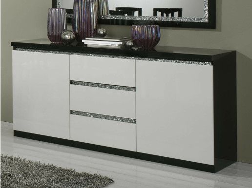 Buffet/bahut REBECCA 2 portes et 3 tiroirs noir laque/blanc laque