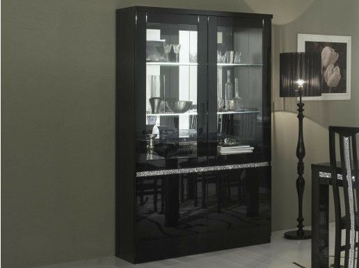 Vitrine REBECCA 4 portes noir laque avec led