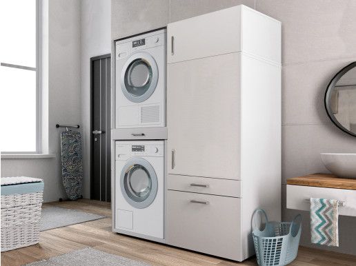 Meuble WASHING 2 machines superposées avec armoire 1 porte 2 tiroirs MEDIUM blanc