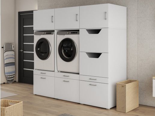 Meuble WASHING 2 machines côte à côte avec armoire linge blanc avec 3 surmeubles
