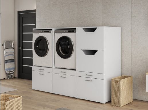 Meuble WASHING 2 machines côte à côte avec armoire linge blanc