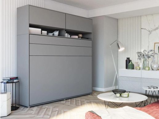 Lit mural escamotable CONCEPTION PRO 140x200 cm gris mat (horizontal) avec surmeuble