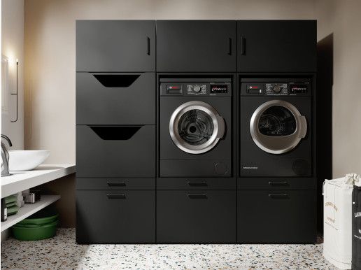 Meuble WASHING 2 machines côte à côte avec armoire linge noir avec 3 surmeubles