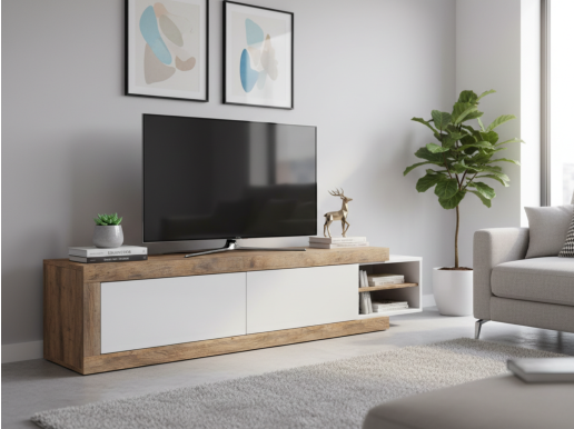 Meuble tv-hifi SINO 2 portes chêne/blanc laqué