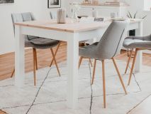 Table repas rectangulaire BERGAMOTE 160 cm blanc/chêne artisan avec allonge