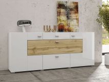 Buffet/bahut KODI 3 portes 2 tiroirs chêne wotan/blanc brillant