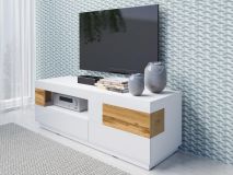 Meuble tv-hifi SILAC 1 porte abattante 2 tiroirs blanc/chêne wotan