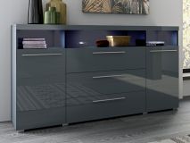 Buffet/bahut INAZO 2 portes 3 tiroirs gris/gris laqué avec led