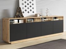 Buffet/bahut ASTER 4 portes noir mat/chêne taurus