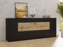 Buffet/bahut KODI 3 portes 2 tiroirs chêne wotan/noir
