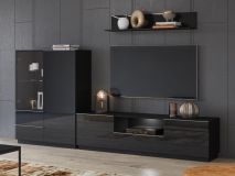 Mur tv-hifi HELA 4 portes 3 tiroirs noir/noir brillant avec led