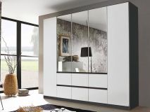 Armoire MALIS 5 portes 6 tiroirs blanc alpin/gris métal avec miroir