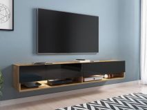 Meuble tv-hifi ACAPULCO 2 portes battantes 180 cm chêne wotan/noir brillant avec led