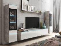 Mur tv-hifi VITTORIO 6 portes béton/blanc brillant avec led