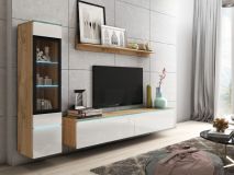 Mur tv-hifi VITTORIO 4 portes chêne wotan/blanc brillant avec led