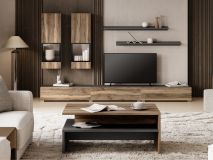 Mur tv-hifi BABEL 5 portes noyer/chêne grisé avec table basse