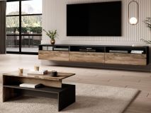 Meuble tv-hifi BABEL II 3 portes 3 niches noyer/chêne grisé avec table basse