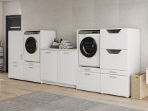 Meuble WASHING 2 machines avec armoire 1 porte 2 tiroirs et armoire linge et meuble bas MEDIUM blanc