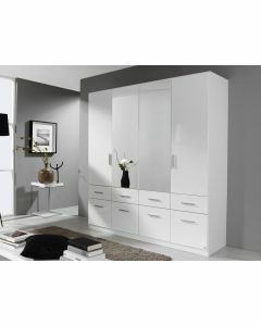 Armoire CELLON blanc 4 portes et 8 tiroirs avec miroir blanc brillant