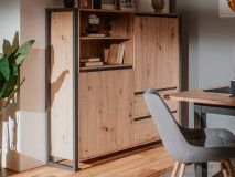 Commode haute DENZEL 2 portes 2 tiroirs chêne artisan/anthracite