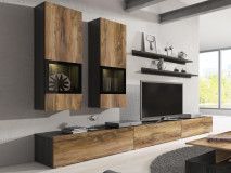 Mur tv-hifi BABEL 5 portes noyer/chêne grisé avec led