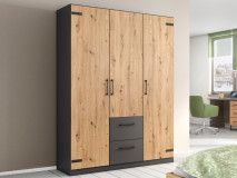 Armoire BUTTO 3 portes 2 tiroirs chêne artisan/gris métal
