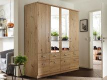 Armoire BREMA 4 portes 8 tiroirs chêne artisan avec miroir