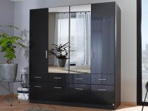 Armoire CELLO 4 portes 8 tiroirs gris brillant/gris métal avec miroir