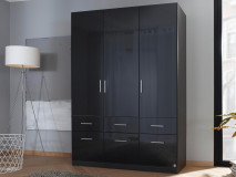 Armoire CELLO 3 portes 6 tiroirs gris brillant/gris métal
