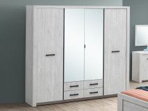 Armoire ELVITALIC 4 portes 4 tiroirs chêne blanchi avec miroir