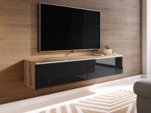 Meuble tv-hifi DUBAI 2 portes battantes 140 cm chêne wotan/noir brillant avec led