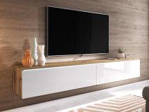 Meuble tv-hifi DUBAI 2 portes battantes 140 cm blanc laqué/chene wotan