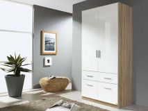 Armoire CELLON sonoma 2 portes et 4 tiroirs blanc brillant (penderie)