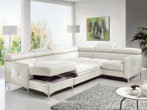 Canapé d’angle convertible SAMIRA avec méridienne gauche éco-cuir blanc