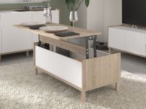 Table basse avec plateau relevable MORPHEE 110 cm chêne japonais/blanc