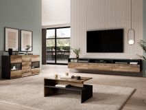 Salon BABEL II 5 portes 3 tiroirs noyer/chêne grisé avec led