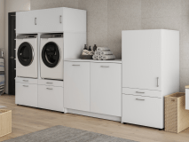 Meuble WASHING 2 machines avec armoire 1 porte 2 tiroirs et meuble bas LARGE blanc