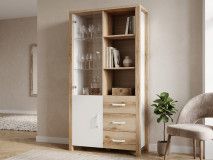 Vitrine OLIANNE 2 portes 3 tiroirs chêne naturel/blanc