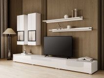 Mur tv-hifi BABEL 5 portes blanc/blanc laqué avec led