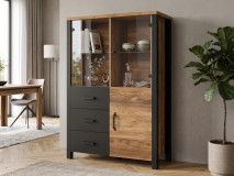 Commode haute OLIANNE 3 portes 3 tiroirs épicéa appenzeller/noir